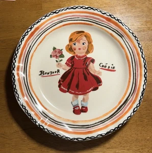 Anthropologie Nathalie Lete Dinner Plate Bonjour Cherie Girl Red Dress 9 3/4” - Picture 1 of 18