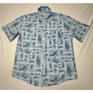 Huk Men's Short Sleeve Blue Fish Print Button Up Shirt - Size M - Picture 1 of 5