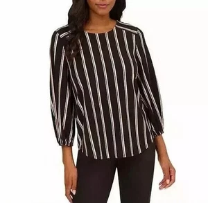 NWT Adrianna Papell Women's Black w/ Pink & White Stripes Blouse Size Large - Picture 1 of 2