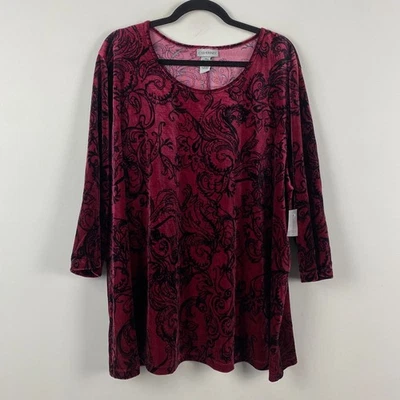 Blusa de Terciopelo Catherines Talla 2X Borgoña Negra Paisley Floral Mangas 3/4 Terciopelo Foto 1 de 4