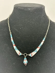 Frank Yazzie - Stunning Sterling Silver Inlay Pendant Necklace 22" - Picture 1 of 8