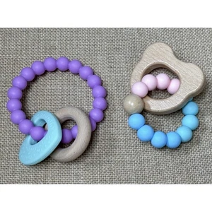 Wood Silicone Infant Teether Set Teething Rings Easy Grip Baby Toys Crunchy Mama - Picture 1 of 4