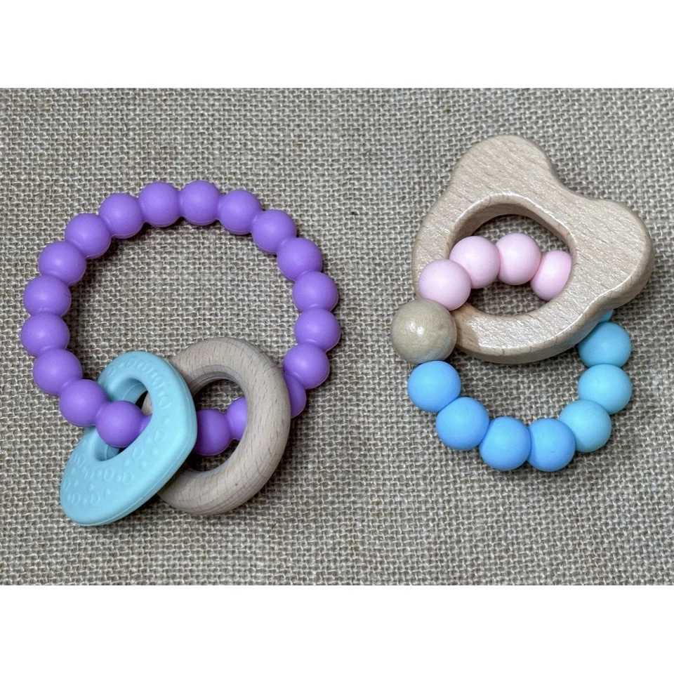 Wood Silicone Infant Teether Set Teething Rings Easy Grip Baby Toys Crunchy Mama - Image 1 of 4