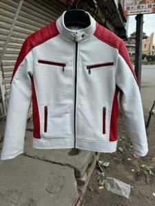 Chaqueta de Cuero Blanca Roja Chaqueta de Cuero para Motociclista Chaqueta Hecha a Mano - Imagen 1 de 11