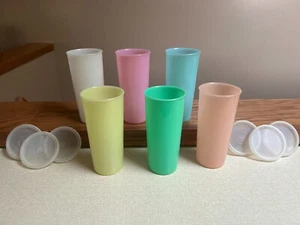 VTG TUPPERWARE TUMBLERS, DRINKING GLASSES SET OF 6 W/ LIDS 12 OZ. PASTEL #115 - Picture 1 of 9