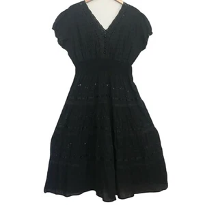 Ma Guggi Women's Black Beaded Short Puff Sleeve Elastic Waist Rockabilly Dress S - Picture 1 of 7