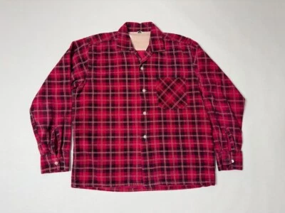 1960s Mens Red Plaid Corduroy Button-Down Work Shirt Size Medium Vintage Retro - Image 1 of 4