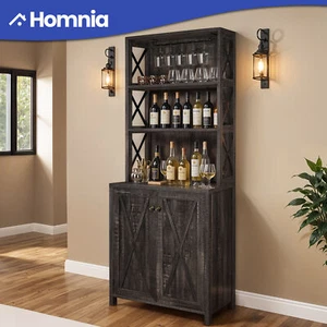 Farmhouse Buffet Pantry Hutch Cabinet Wooden Home Liqours & Wine Glasses Storage - Picture 1 of 30