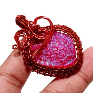 Pink Titanium Druzy Gemstone Copper Pendant Handmade Wire Wrap Jewelry 2.3" - Picture 1 of 6