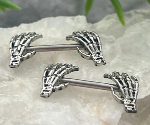 PAIR Nipple Shields Skull Hand Ends Body Jewelry Surgical Steel Barbell Rings - Picture 1 of 4