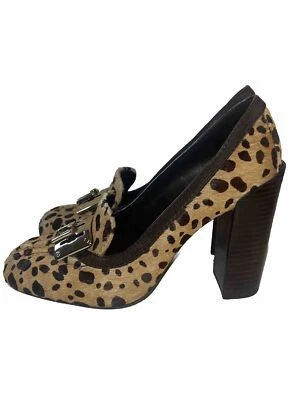 Tory Burch Leopard Print Calf Hair Logo Buckle Block Heel Pumps 6M Leather Shoes - Image 1 of 4