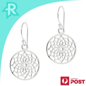 Lotus Flower Circular Mandala Sterling Silver 925 Hook Earrings - Picture 1 of 6