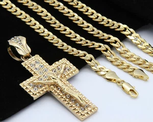 Men's Cuban 14k Gold Plated Jesus Cross Pendant Necklace Fashion Jewelry - Picture 1 of 6