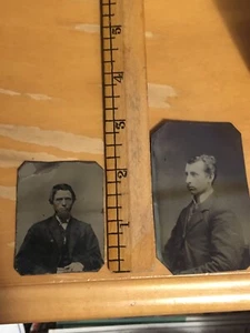 Antique Tin Metal Set Of 2 Photographs Of Men Melainotype/Ferrotype 1880's - Picture 1 of 5