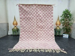 Moroccan Handmade Beni Ourain Rug 5'x7'7" Berber Checkered Pink White Carpet  - Picture 1 of 12