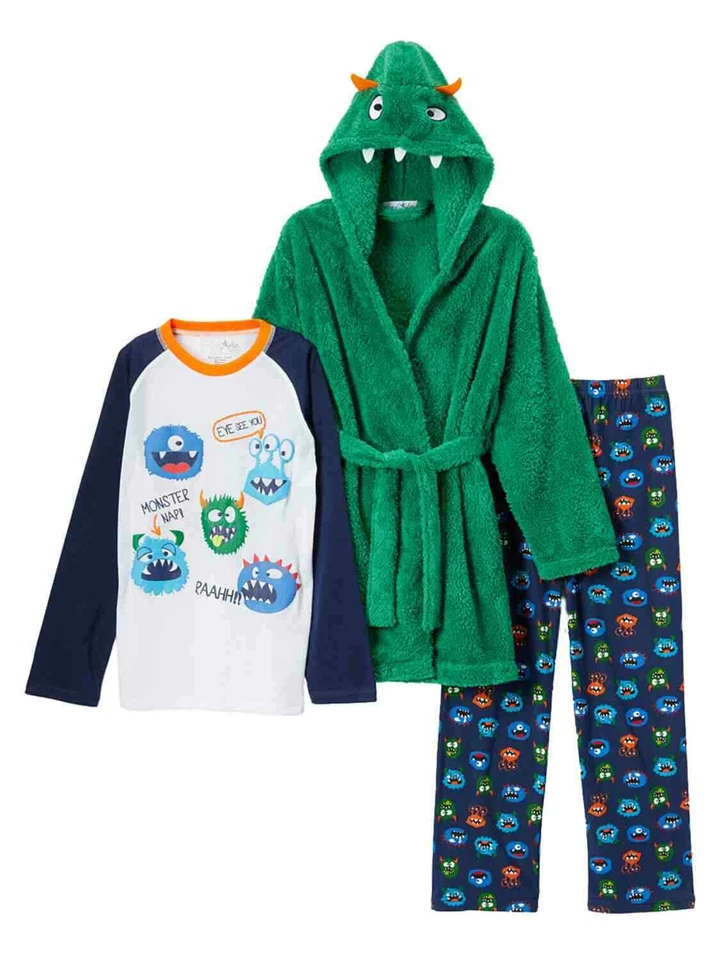 Toddler & Boys Plush Green Monster Hoodie Bath Robe & Pajamas Sleepwear Set - Image 1 of 1