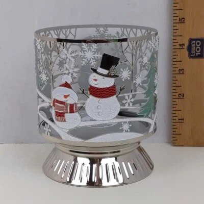Bath & Body Works 3 Wick Candle Holder Pedestal Snowman Winter Scene Silver - Image 1 of 4