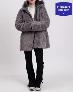 RRP€367 TOY G Faux Fur Jacket Plus Size 51 / XXL Padded Grey Zipped Hooded - Picture 1 of 11