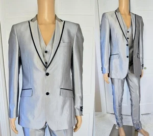 RD Royal Diamond Silver Metallic Tuxedo Formal Jacket Slim Fit 3 pc Suit Med NWT - Picture 1 of 14