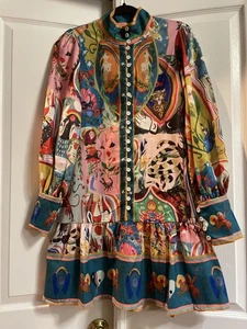 Boho Art Print Dress Womens Small Multicolor Linen Blend Button Front Ruffle Hem - Picture 1 of 24