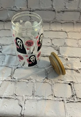 18 Ounce Glass Tumbler & Straw With Bamboo Lid “Call Me” Horror Movie Pink/Black - Image 1 of 3