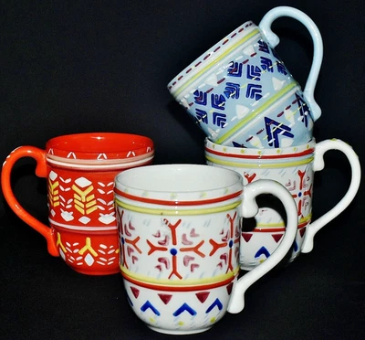 Anthropologie Set Of 4 ORKNEY Nordic Mugs 1 Blue & 2 White & 1 Red XLNT - Image 1 of 4