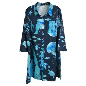 Shirt Dress Women 2XL Beach Summer Fish Sea Turtles Casual Blue Long Sleeves - Picture 1 of 11