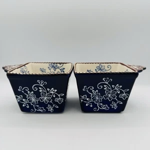Temptations Floral Lace Blue 10 oz Square Bakeware Ramekins Set Of 2 - Picture 1 of 4