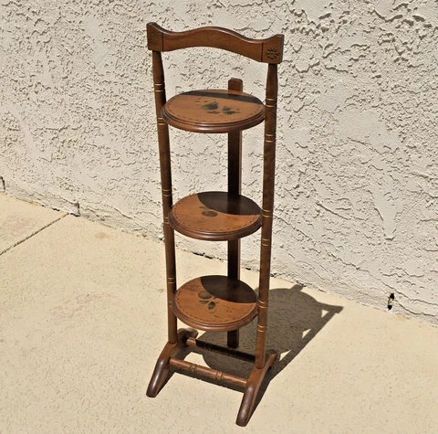 Vintage 3 Tier Folding Table Pie Stand Plant Shelf Wood Round Spindle Fruit Cover