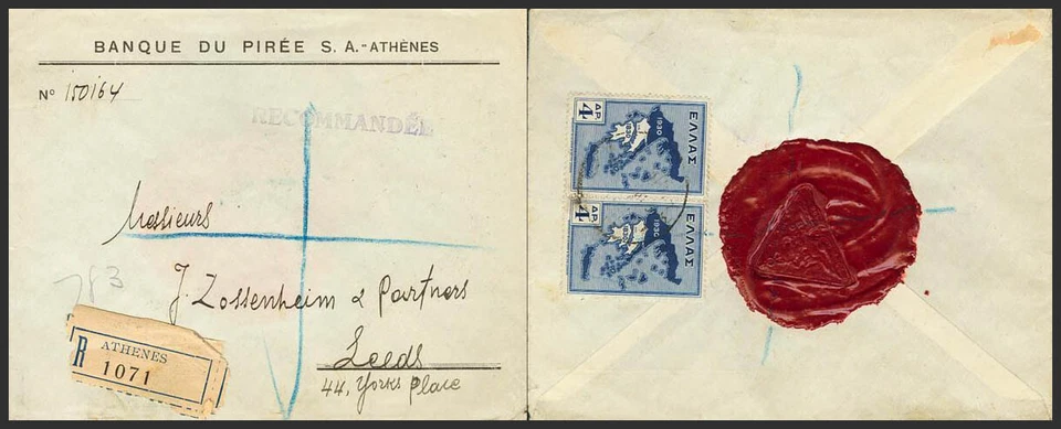 Grecia. SOBRE Yvert 386(2). (1930ca). 4 cl azul, dos sellos (franqueados al dor - Imagen 1 de 1