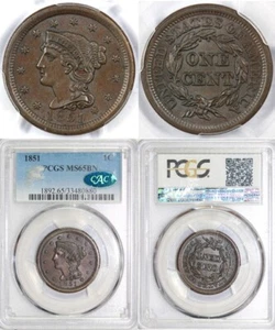 1851 1c Braided Hair Large Cent PCGS and CAC MS 65 BN - Picture 1 of 5