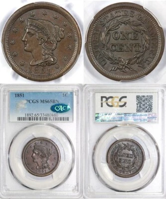 1851 1c Braided Hair Large Cent PCGS and CAC MS 65 BN - Image 1 of 4