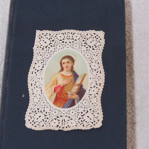ANTIQUE CATHOLIC HOLY CARD LACE - COLOR!- Saint Cecelia w/Lyre, 1890-1910, NICE! - Picture 1 of 2