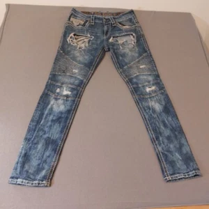 Rock Revival "James" Biker Jeans 32 x 32 Leather Inserts Distressed Thrashed - Picture 1 of 21