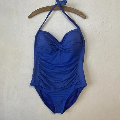 ✨Liz Claiborne Women Blue Halter Tummy Control Ruched One Piece Swimsuit 18W - Image 1 of 4