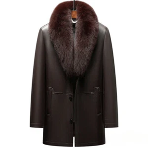 Mens Real Fox Fur Collar Rabbit Fur Lined Sheepskin Mid Long Coat Parka Overcoat - Picture 1 of 32