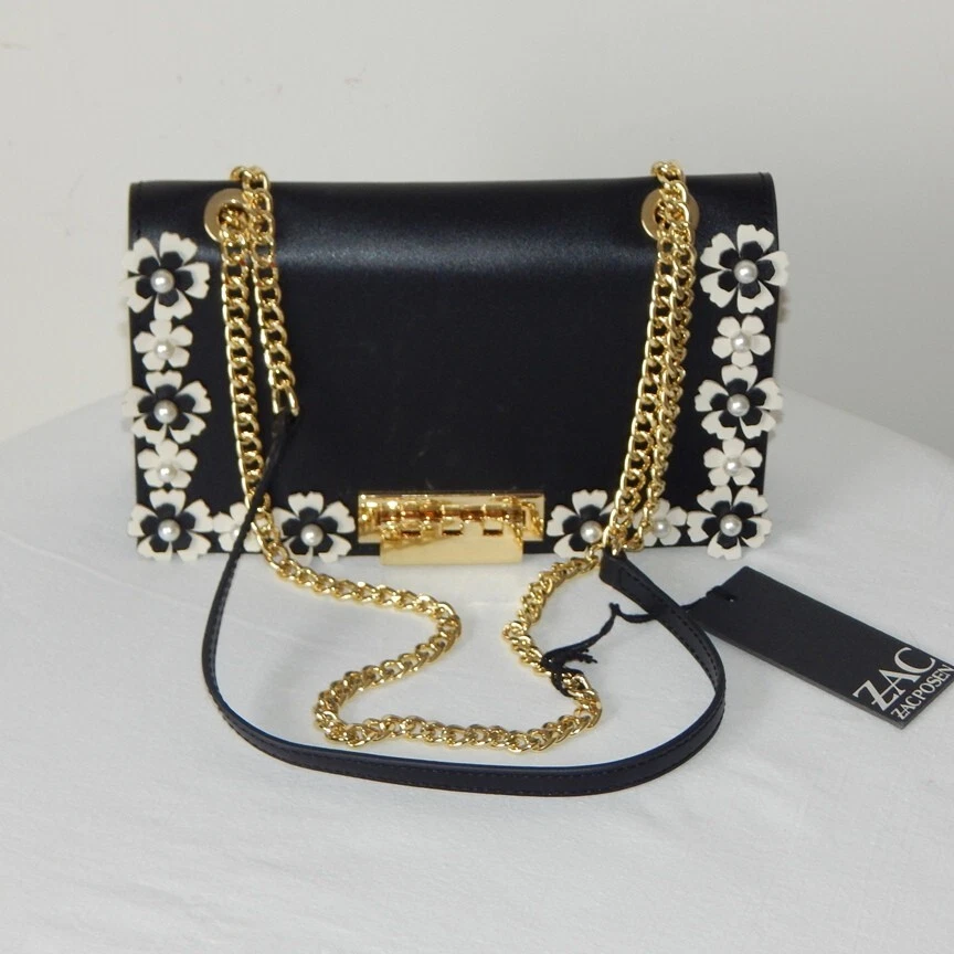 ZAC ZAC POSEN EARTHETTE 花卉花园翻盖链条单肩包黑色和白色全新带标签 — 第 1/4 张图片