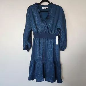 NWT Emma & Michele Womens Dress Satin Blue Animal Print Mini Size M Long Sleeve - Picture 1 of 8