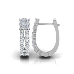 0.94 Ct Princess Round Cut Lab Grown CVD Diamond Hoop Earrings 14k White Gold - Picture 1 of 6