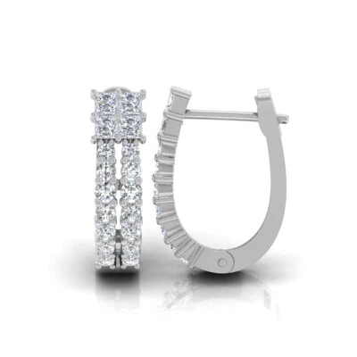 0.94 Ct Princess Round Cut Lab Grown CVD Diamond Hoop Earrings 14k White Gold - Image 1 of 4