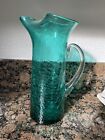 Vintage Turquoise Crackle Glass Martini Pitcher 1950’s 11” Tall