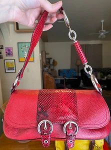 Adrienne Vittadini Red Genuine Leather Handbag Snake Print Suede Interior - Picture 1 of 12