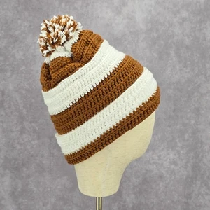 Brown Pom Pom White Cable Knit Vintage Y2k Funky Beanie Crochet Hat - Picture 1 of 4