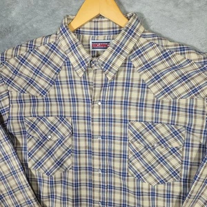 Vintage Big Mac Shirt Mens XL Tall Beige Blue Plaid Western Pearl Snap USA 90s - Picture 1 of 10