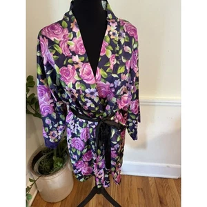 Bata floral mediana Victoria's Secret Gold Label púrpura azul kimono años 80 - Imagen 1 de 7