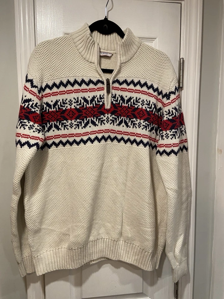 Izod Mens Size L Cotton Quarter Zip Fair Isle Nordic Knit Cream Sweater Leather - Image 1 of 4