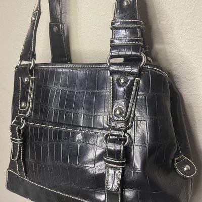 Liz & Co. Croc Repujado Negro Grande Bolso de Hombro Cartera Bolso de Aspecto Brillante Foto 1 de 4