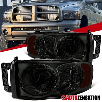 Fit 2002-2005 Dodge Ram 1500 2500 3500 Smoke Headlights Lamps Left+Right 02-05 - Image 1 of 4