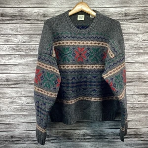 Vintage GAP Sweater Men XL Gray Wool Shetland Fair Isle Nordic Chunky Holiday - Picture 1 of 7