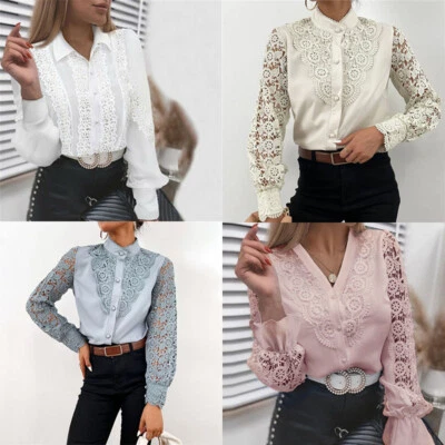 Casual Tops Work Button Down Shirt Ladies Office Womens Lace Blouse Long Sleeve - Image 1 of 4